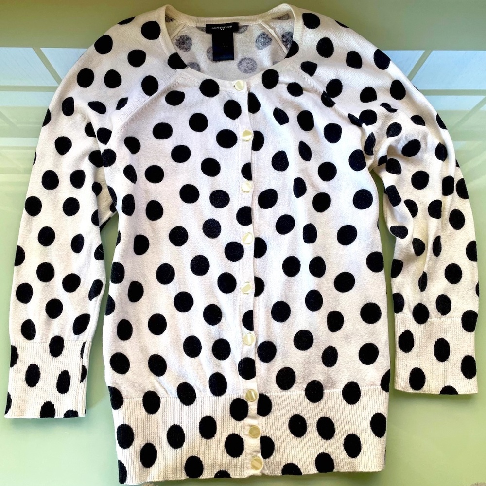 ANN TAYLOR White Black POLKADOT 3/4 Sleeve CLASSIC CARDIGAN Sweater S SMALL